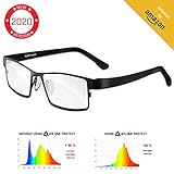 ✅ ALTA CALIDAD: Nuestras lentes filtran el 86% de la luz azul (400 nm), lo que es mucho mayor al promedio de la industria (60 %). Las lentes están fabricadas en Alemania. La montura se ha fabricado parcialmente con TR90, un material resistente pero muy ligero. Las gafas solo pesan 20 g, por lo que apenas las sentirás sobre la nariz.
