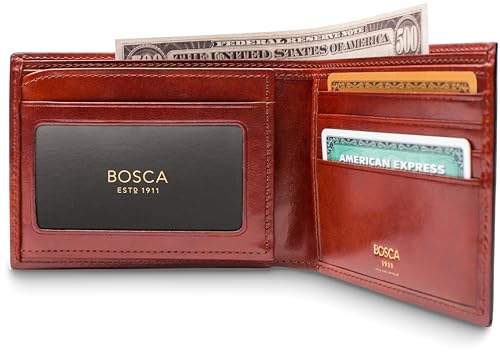 Image of Bosca Men's Leather Wallet - Old Italia Bifold Wallet For Men Made From Full Grain Italian Leather, 11 Card Slots, ID Window, Divided Currency Well, Gift-Ready Packaging - Cognac Brown