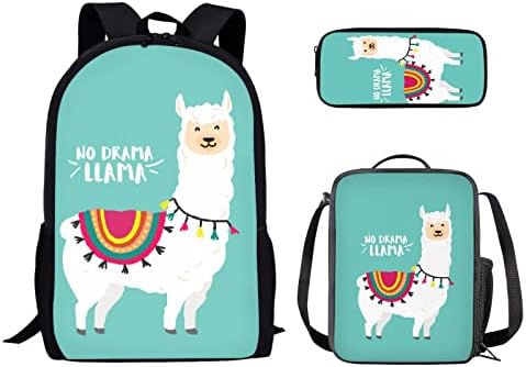 Yzaoxia Cartoon Alpaca Enthic Style Print Backpack 3 Piece Set School Bag Bookbag with Lunch Box and Pencil Case Set for Boys Girls Kids Backpack Bookbag with Adjustable Shoulder