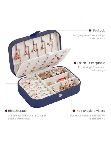 Image of Cortina Jewellery Organiser PU Leather Zipper | Portable Storage Box Case with Dividers | Container for Rings, Earrings, Necklace Home Organizer - Dark Blue