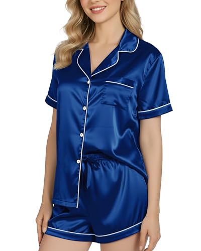 NY Threads Women's Silk Satin Pajamas Set Button Down Top and Shorts 2 Piece Sleepwear Loungewear Pjs Set, Large, Navy Blue