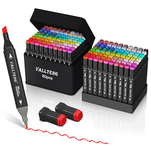 Vallteng Feutre a Alcool 80 Couleurs, Pointe Double Feutres à Alcool Marqueurs Pinceau et Ciseau Burin Pour Adultes Peinture, Griffonnages Enfants, Animation Art...