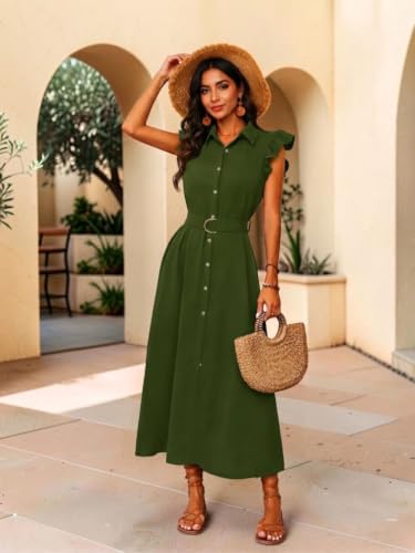 Image of OOMPH! Women's Shirt Midi Dress | Ruffle Sleeves | Button-Down Front | Waist Belt Detail | Collared Neck Casual & Vacation Dress