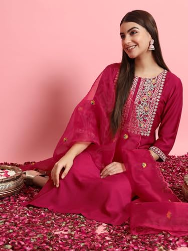 Image of VredeVogel Women's Silk Blend Embroidered Kurta with Pant & Dupatta Set