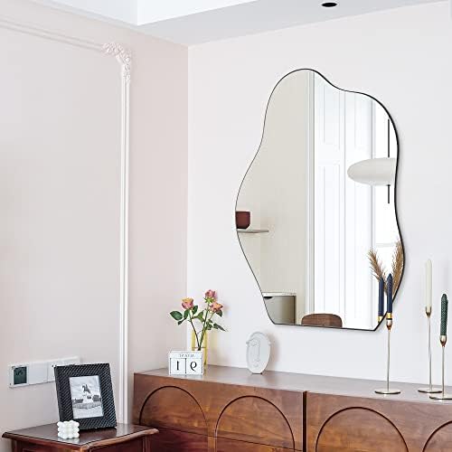 BEAUTYPEAK Asymmetrical Mirror, 24 x 32 Inches Irregular Wall Mirror, Wood Frame Unique Shape Wall Mounted Vanity Mirror, Decorative for Living Room Bedroom Entryway Hallway