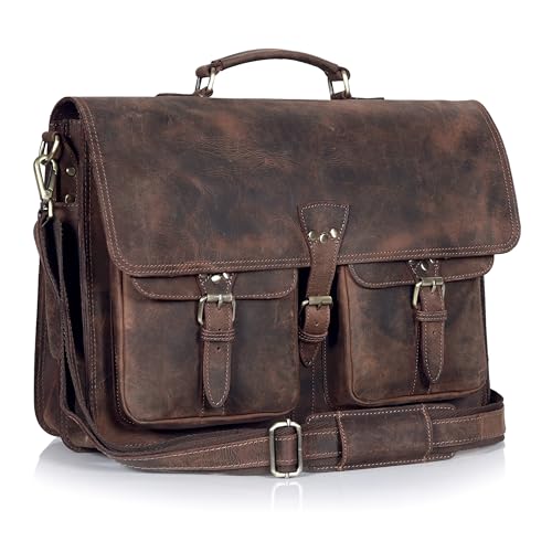 Vintage Leather Messenger Bag for Men & Women Multi-Pocket Briefcase Satchel 16 Inch Laptop Shoulder Bag Brown (Vintage Brown 16 inch Medium)