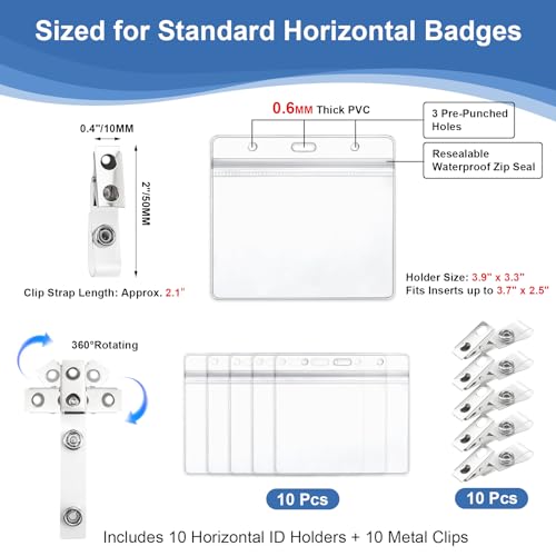 10 Pack Horizontal Heavy Duty Name Tags Badge Holders and Metal Badge Clips with Vinyl Straps, Waterproof PVC ID Card Holder, Plastic ID Holders for Office, School, Nurses, Meetings and Events