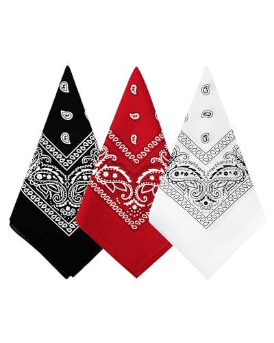 Bycc Bynn 3 Pack Pure Cotton Paisley Pattern Bandanas Square Scarf Headwear (Black + Red + White)