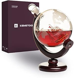 Whiskey Globe Decanter (28 Ounce) Etched World Globe Decanter Set for Liquor, Bourbon, Vodka in Premium Gift-Box - Home Bar Accessories - Glass Globe Decanter with Ship for All Kinds of Alcohol Drinks
