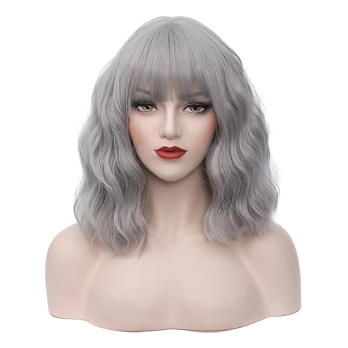 BUFASHION 14" Women Short Wavy Curly Wig Gray Bob Wig Cosplay Halloween Synthetic Wigs with Side Bang wig (Gray 1)