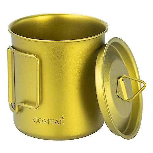 COMTAI Titanium Pot, 420ml/15 oz Mug with Lid and Foldable Handle, Outdoor Titanium Cup for Hiking Camping Cooking-Yellow