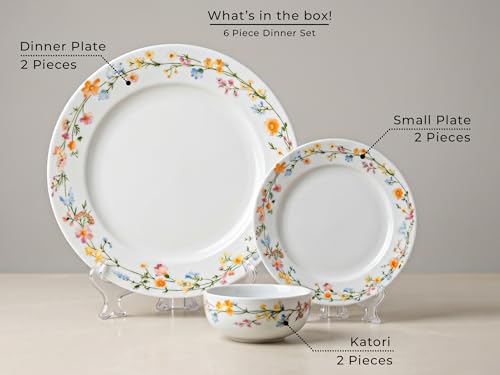 Image of Bodhi House Premium Porcelain Dinner Set 6 Pieces Serving for 2 | Floral Vine Design | Microwave & Dishwasher Safe | Crockery Set | Dinnerware Set for Home, Dining, Kitchen & Gifting