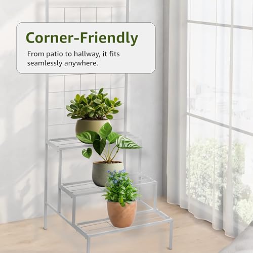 Image of Amazon Brand - Solimo 4-Tier Metal Planter Stand (White) - for Living Room, Balcony, Patio, Indoor & Outdoor Use, 58 x 59 x 155 cm, Garden Rack for Flower Pots, Holds up to 31 kg
