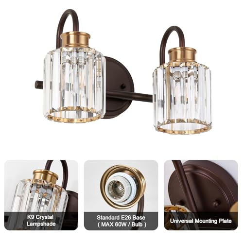 Image of ORB Bathroom Light Fixtures with K9 Crystal Lampshade Bathroom Lighting Over Mirror Vanity Lights for Living Room,Bedroom,Restroom,Hallway 2 Lights
