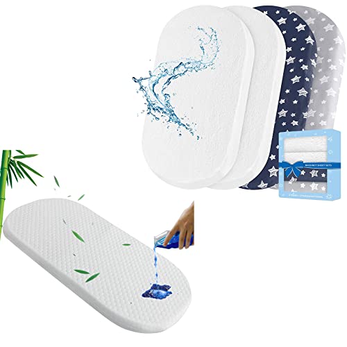 Bassinet Sheets & Waterproof Bamboo Bassinet Mattress Pad Protector 4 Pack Set And Baby Bassinet Mattress Topper With Waterproof Bamboo Cover 16" X 32" X 1.5" #TOP9