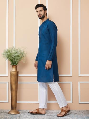 Image of See Designs Men's Long Sleeve Mandarin Collar Side Slit Cream Embroidered Chanderi Silk Straight Kurta with Pyjama