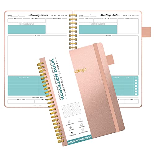 Regolden-Book Meeting Notebook For Work With Action Items, Hard Cover Project Planner Notebook For Note Taking, Office/Business Meeting Notes Agenda Organizer For Men & Women, (8.5”X5.5”), Gold #TOP16