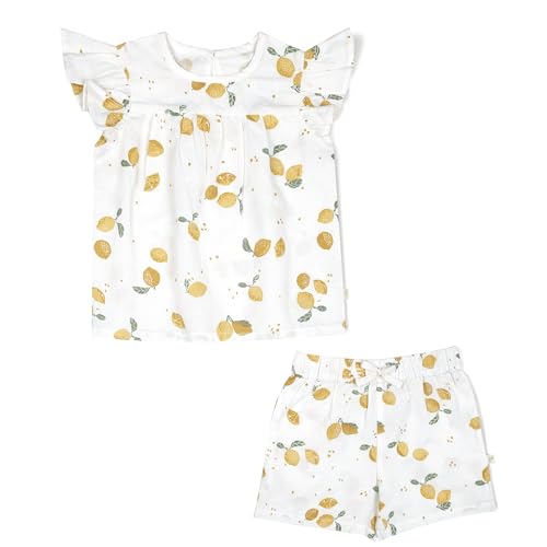 Image of MakeMake Organics GOTS Certified Organic Cotton Baby Kids Toddler Girl Top and Short Outfit Set - Citron, 3-4 Years