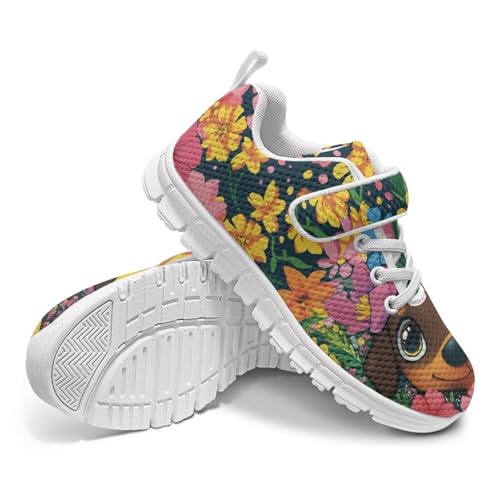 Boys Girls Shoes Kids Tennis Running Athletic School Sneakers for Little/Big Kid Cute Dog Groovy Flowers Pattern（White Sole）4