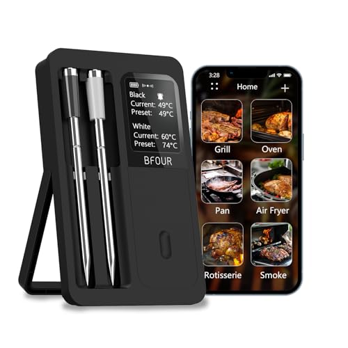 BFOUR Wireless Meat Thermometer with 2 Upgraded Probes, 100m Bluetooth Grill Thermometer Wireless with LCD Display, for Grill Oven Smoker
