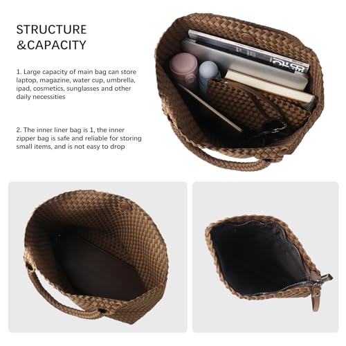 Image of Woven Bag for Women, Large Neoprene Tote Bag Summer Beach Handbag Purse Retro Handmade Travel Shoulder Bag Set