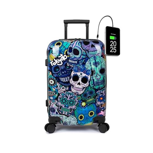 TOKYOTO - Maleta de Cabina Equipaje de Mano, Blue Skulls con Cargador USB, 8000mAh, 55x40x20 cm | Maleta Juvenil, Trolley de Viaje Ryanair, Easyjet | Maleta de Viaje Rígida Divertida Azul, Calaveras