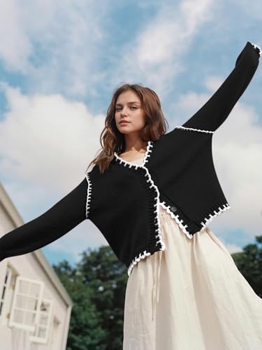 Image of YKR Chunky Knit Cardigan for Women Open Front Contrast Trim Sweaters Button Down Long Sleeve V-Neck Outerwear Coats