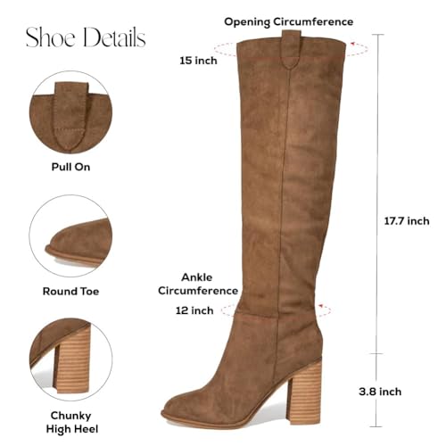 Erocalli Suede Knee-High Boots Fall Boot For Women Chunky Block High Heel Slouch Fashion Boot Round Toe Side Zipper