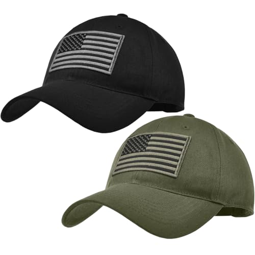 XCFWin 2 Pack American Flag Baseball Cap for Men Women Low Profile US Army Tactical Operator Military Plain Dad Hat (US, Alpha, One Size, Black ＆ Army Green)