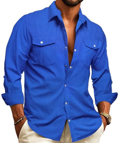Image of Barry.Wang Mens Corduroy Jacket Shirts Cowboy Lightweight Wrangler Field Western Casual Long Sleeve 2 Flap Pockets
