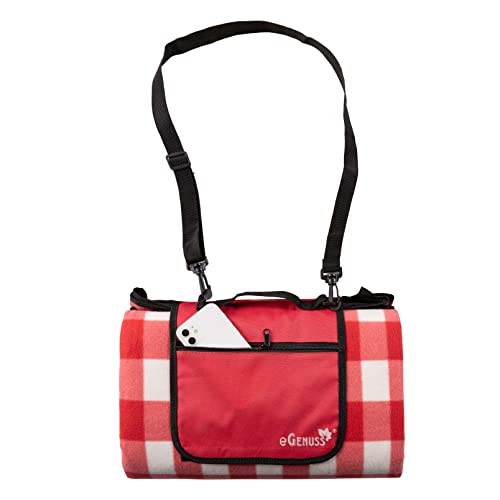 eGenuss 1 Set Picknickdecke 200x200 cm wasserdicht isolierend abwaschbar faltbar kleines Packmaß | Picknick Strandmatte mit Reißverschlusstasche, Griff und Schulterrieme | Rot