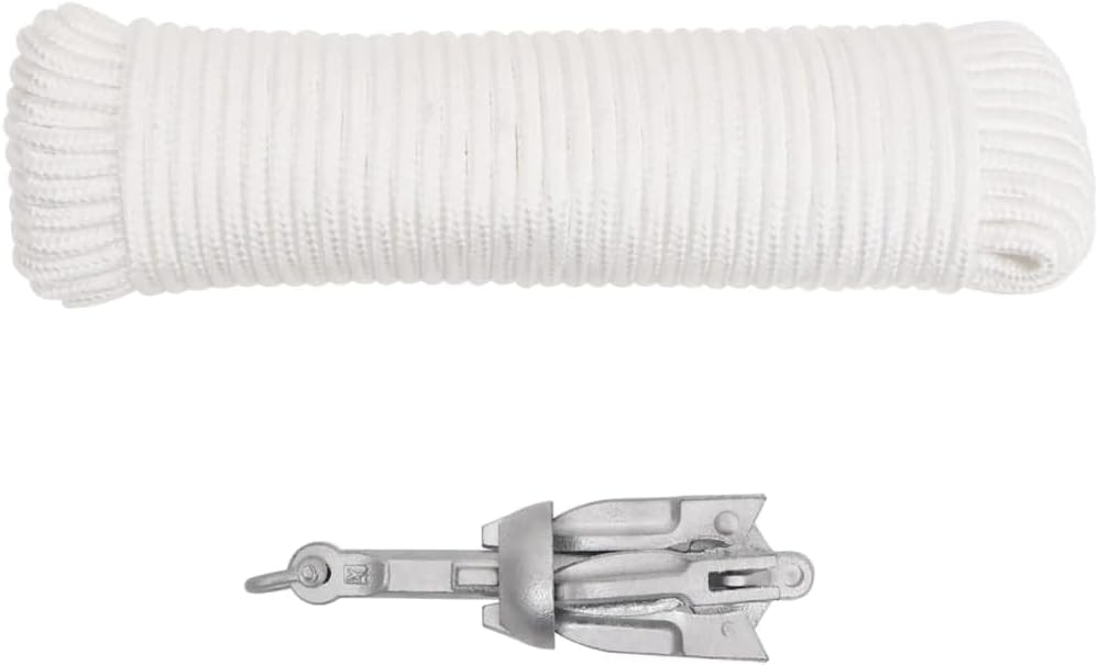 vidaXL Folding Anchor in Silver - Durable and Portable 4-Claw Grapnel Anchor Ideal for Small Boats, Sailboats, Dinghies, Fishing Boats, Kayaks and More - Made from Malleable Iron with 30m Rope Inc...