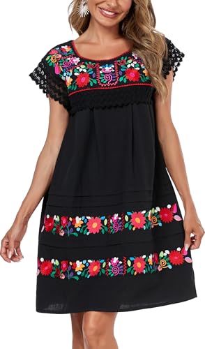 YZXDORWJ Women Embroidered Mexican Peasent Lace Short Sleeves Dress4