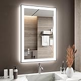 ISTRIPMF LED Badspiegel 24 x 36 Zoll mit schwarzem Rahmen, Hintergrundbeleuchtung und beleuchteter Front, für Wand, Antibeschlag, verstellbar, Speicher, bruchsicher, LED-Wickelspiegel für Badezimmer