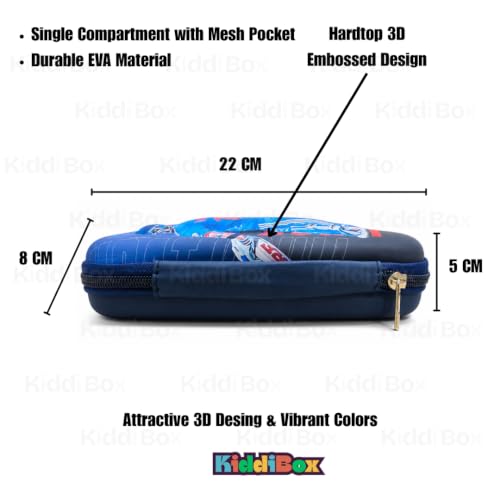 Image of KiddiBox Virat Pencil Box for Girls and Boys | Stylish Pencil Case for School, Student, Pen Case Holder with Dual Zipper Mesh Pocket, Hard Top Pencil Pouch for Kids, Stationary Pouch (Blue)