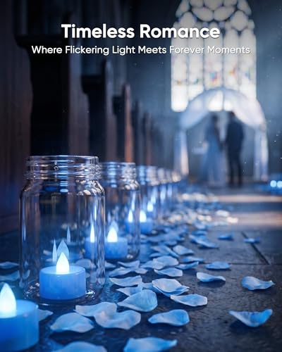 Image of Homemory 12-Pack Light Blue Remote LED Battery Tea Light Candles, 400+ Hrs | 2 /4 /6 /8H Timer Flameless Flickering Tealight Votives for Weddings /Baby Showers