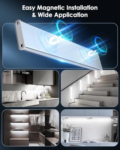Image of 2-Pack Under Cabinet Lighting, Upgraded 3200mAh Rechargeable Under Cabinet Lights Wireless, LED Motion Sensor Light Indoor Closet Lights Under-counter Light Fixtures for Kitchen, Hallway, Pantry, 14in