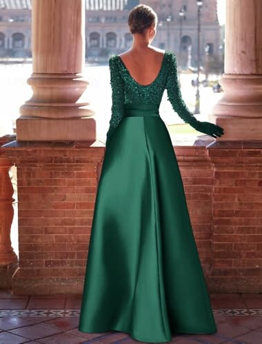 Sequin Satin Prom Dress Long Sleeve Ball Gowns Boat Neck A Line Formal Evening Gown for Women with Skirt4