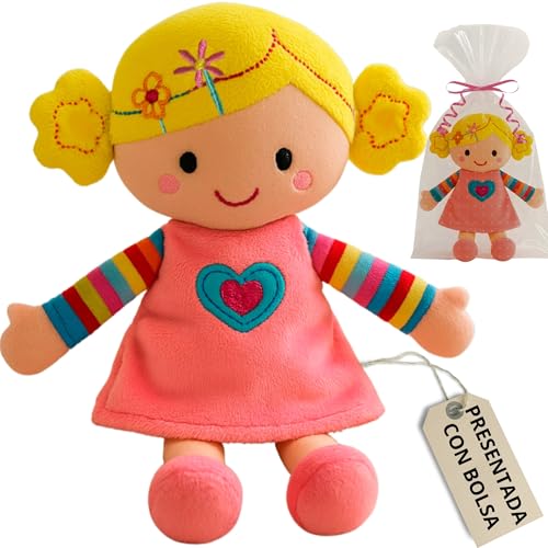 Boneca de pano para meninas, presente bebé de 1 ano, bonecas para meninas 2 anos e mais, toque muito macio 25 cm | boneca de peluche adorável e branca (rosa)