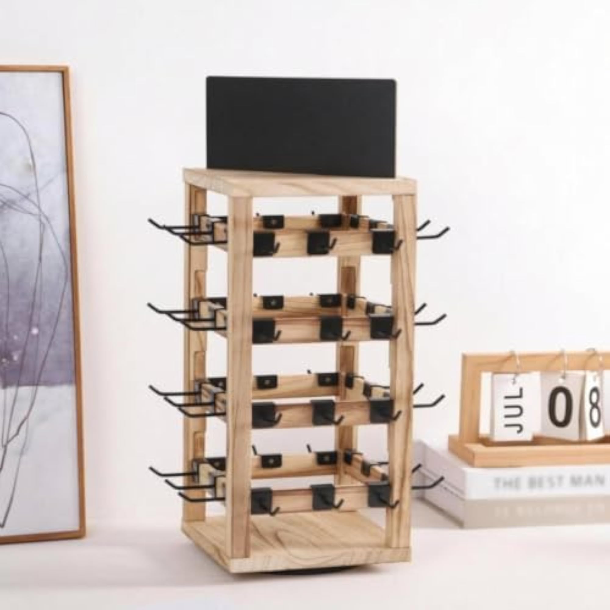 Rotating Jewelry Display Rack, Black Metal Hooks Organizer