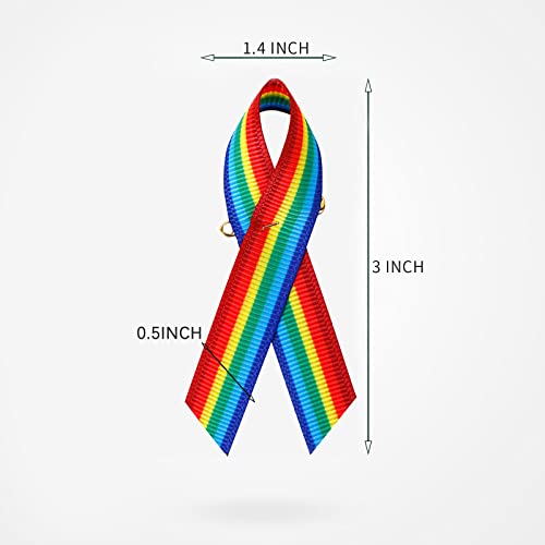Image of 100 Pieces Rainbow Awareness Ribbons with Safety Pins Grosgrain Ribbon 1.4 * 3 inch