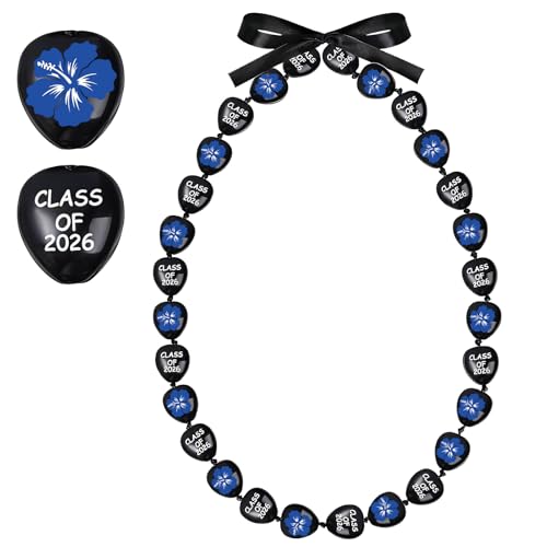 KorViSHOW Hawaiian Graduation Kukui Nut Lei 32 Inch Graduate Leis Kukui Nut Chunky Beads Necklaces with Blue Hibiscus Flowers Adjustable Ribbon for Women Men 2026 Congrats Grad Party Supplies Gifts