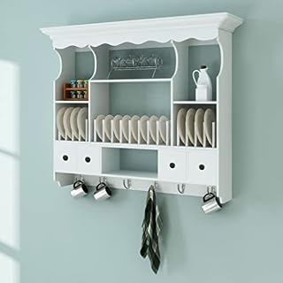 Floating Shelves Wall Mounted Kitchen Cabinet, Modern Floating Storage Organizer with Plate Holder, Small Shelves, Drawers, and Metal Hook, Kitchen Wall Mounted Storage Cabinet, White