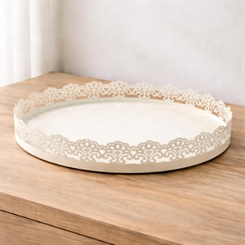 Image of Gold Finish Decorative Metal Tray | Multipurpose Serving & Vanity Tray | Premium Cutwork Design | Home Decor Organizer | 28 x 4 cm (Ivory)