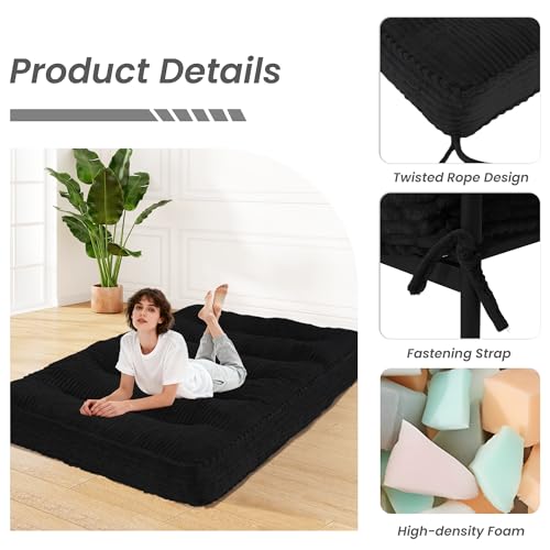 8” Futon Mattress Full Size 54” x 80”, Futon Sofa Couch Bed with Twisted Rope Design Edging, Extra Thick Corded Floor Futon Mattress Sleeping Mat for Adults, Camping, Dorm, Black(Frame Not Included)