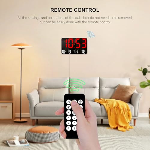 Image of Hournor Digital Wall Clock, LED Clock with Remote Control, Digital Clock Large Display with Date Week Temperature for Living Room Decor, Large Wall Clocks for Bedroom Office Gym Shop Garage (Red)