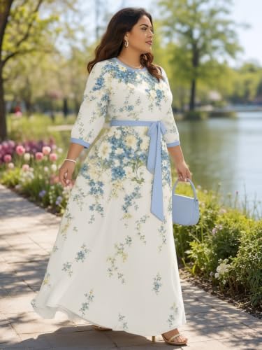 Image of Plus Size Maxi Dress for Women V Neck 3 /4 Sleeve Wrap Dress