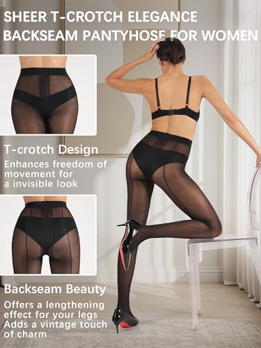 SUREPOCH Backseam Sheer Pantyhose for Women T - Crotch Tights Control Top Nylon Black Stockings with Design Reinforced Toe3