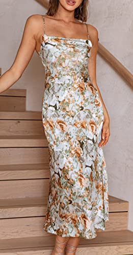 Image of Tsher Women's Sleeveless Spaghetti Strap Satin Wedding Guest Party Dress Cowl Neck Backless Midi Formal Dresses