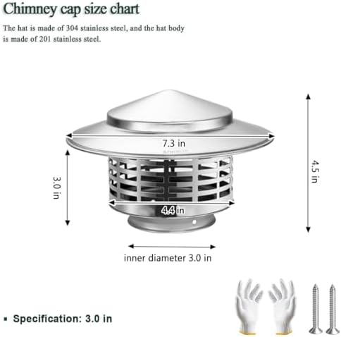 Fireplace Chimney Cap - 304 Stainless Steel Roof Vent Rain Guard, Universal Fit 1.6" to 8.7", Protects Against Birds, Debris & Rain - Durable Exhaust Cover for Outdoor Use